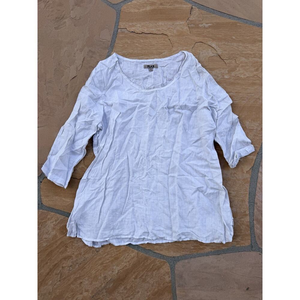 FLAX Linen 3/4 Sleeve Scoop Neck Tunic Top White Women's Size L